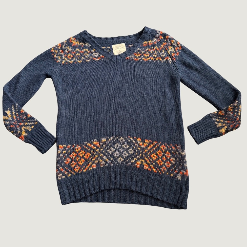 Natural Reflections V-Neck Sweater Large Fair Isle Knit Acrylic Relaxed Blue